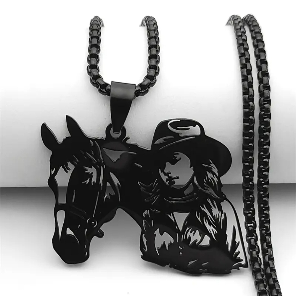 Black Stainless Steel Cowgirl and Horse Necklace NWT
